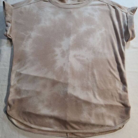 Cupio Beige Marbled Shirt L Cap Sleeve High-Low Medium Weight Knit Top - Picture 1 of 6